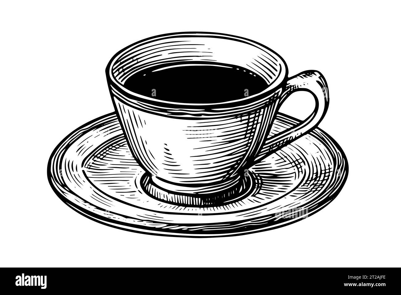 Vintage cup on a plate hand drawn ink sketch. Engraved style vector ...