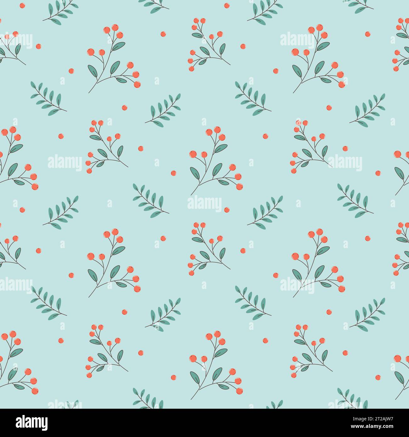 Seamless pattern berries and twigs and leaves. green background, plants. Vector Stock Vector