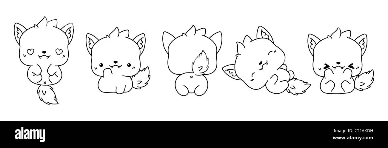 Set of Kawaii Isolated Wolf Coloring Page. Collection of Cute Vector Cartoon Animal Outline Stock Vector