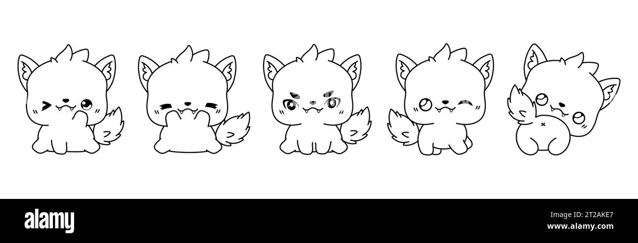 Set of Vector Cartoon Wolf Coloring Page. Collection of Kawaii Isolated Animal Outline Stock Vector