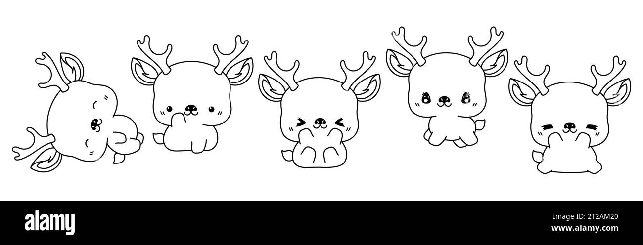 Collection of Vector Cartoon Deer Coloring Page. Set of Kawaii Isolated Forest Animal Outline Stock Vector