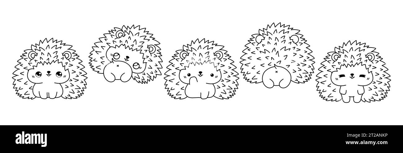 Collection of Vector Cartoon Hedgehog Coloring Page. Set of Kawaii Isolated Forest Animal Outline Stock Vector