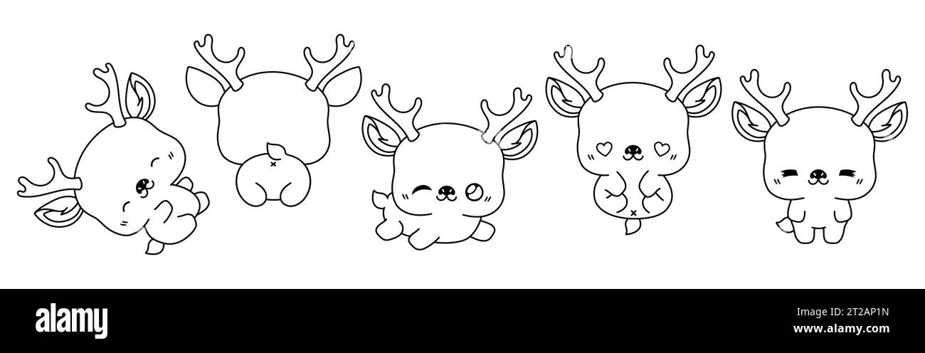 Set of Kawaii Isolated Deer Coloring Page. Collection of Cute Vector Cartoon Animal Outline Stock Vector