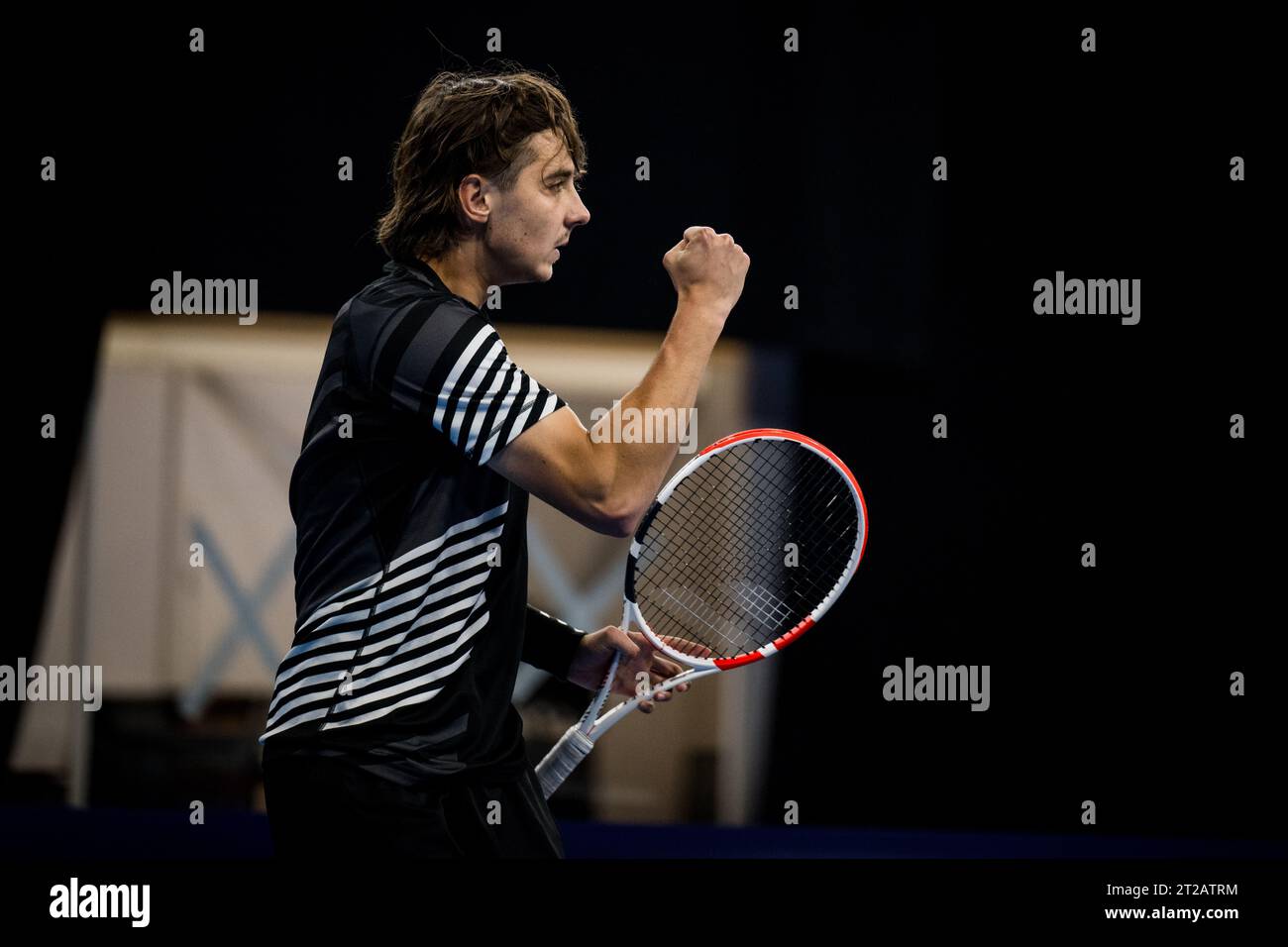 Antwerp, Belgium. 18th Oct, 2023. Kazach Alexander Shevchenko celebrates during a second round match at the European Open Tennis ATP tournament, in Antwerp, Wednesday 18 October 2023. BELGA PHOTO JASPER JACOBS Credit: Belga News Agency/Alamy Live News Stock Photo