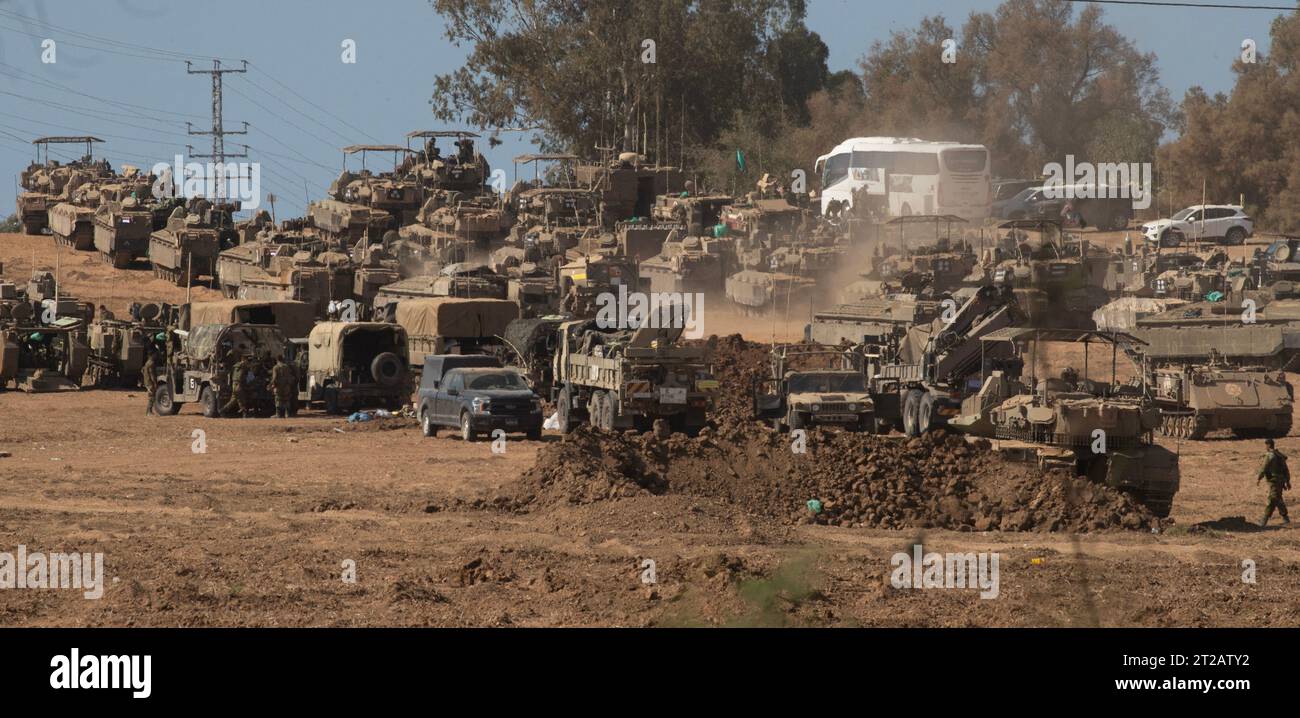 Southern Israel, Israel. 18th Oct, 2023. Israeli Defense Forces (IDF) Armored Personnel Carriers and other armored vehicles in a staging area in southern Israel near the border with the Gaza Strip on October 18, 2023. Israel continues preparations for a possible ground invasion into the Gaza Strip following the murderous Hamas invasion into Israel on October 7, 2023 in which 1,400 Israelis were killed and over 200 Israelis taken hostage back into the Gaza Strip. Photo by Jim Hollander/UPI Credit: UPI/Alamy Live News Stock Photo