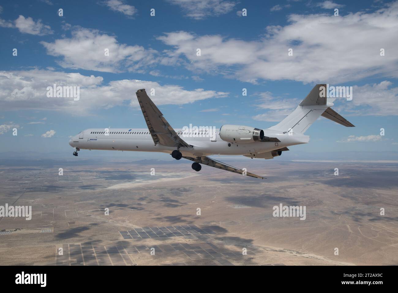 . Boeing’s MD-90 aircraft flies from Victorville California to Palmdale, California on August 15, 2023. This aircraft will be NASA’s future Sustainable Flight Demonstrator. Modifications to the aircraft will include changes to the fuselage and most notably the use of a transonic truss-braced wing. Stock Photo