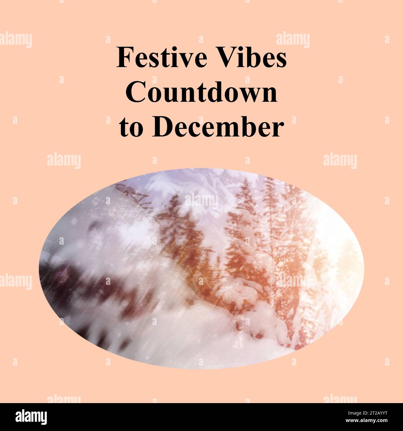 Festive vibes countdown to december text on peach background and snowy christmas landscape Stock 