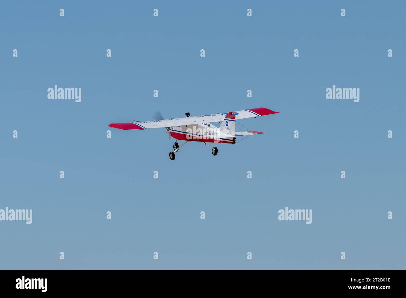 . The DROID 2 (Dryden Remotely Operated Integrated Drone 2) flies at NASA's Armstrong Flight Research Center in Edwards, California, as part of the Advanced Exploration of Reliable Operation at Low Altitudes: Meteorology, Simulation, and Technology campaign. The focus was to study wind to provide data for safe takeoff and landing of future air taxis. Stock Photo