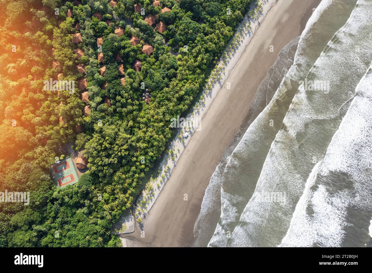 Hotel house around green palm trees next to beach shore aerial above drone view Stock Photo