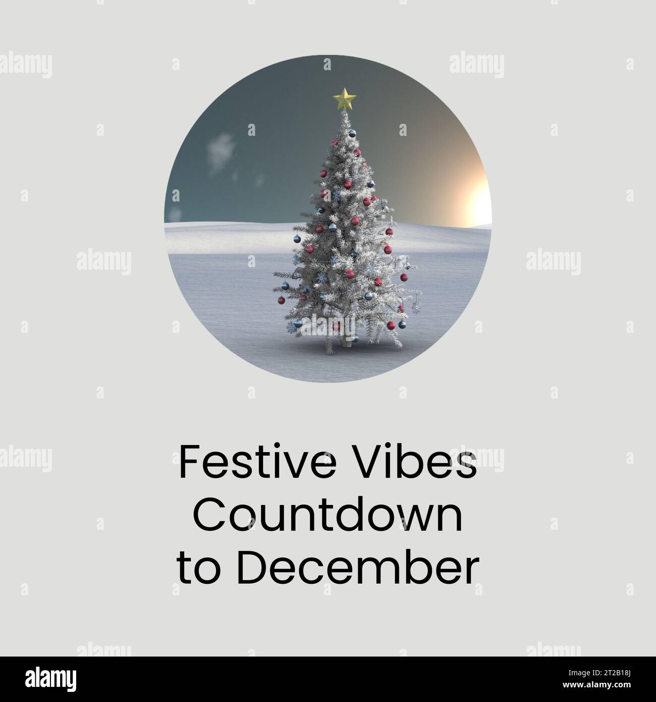 Festive vibes countdown to december text with decorated christmas tree in winter landscape Stock 