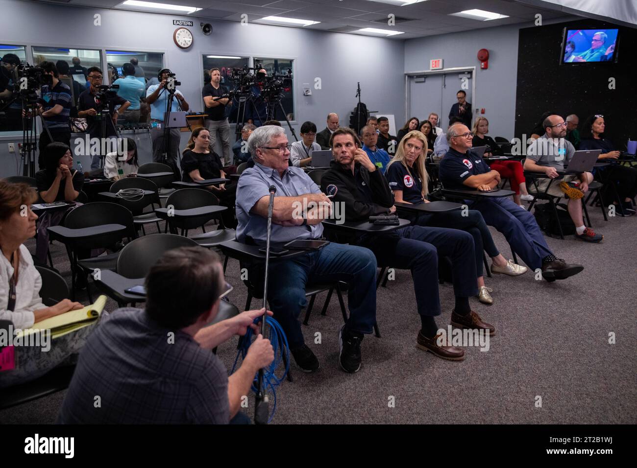 NASA’s SpaceX Crew-7 Postlaunch News Conference. NASA hosts a Crew-7 postlaunch news conference at the agency’s Kennedy Space Center in Florida on Saturday, Aug. 26, 2023. Participants included Jasmine Hopkins, NASA Communications, Ken Bowersox, associate administrator, Space Operations Mission Directorate, NASA Headquarters; Steve Stich, manager, Commercial Crew Program, Kennedy; Joel Montalbano, manager, International Space Station Program, Johnson; Benji Reed, senior director, Human Spaceflight Programs, SpaceX; Hiroshi Sasaki, vice president, JAXA; and Josef Aschbacher, director general, E Stock Photo