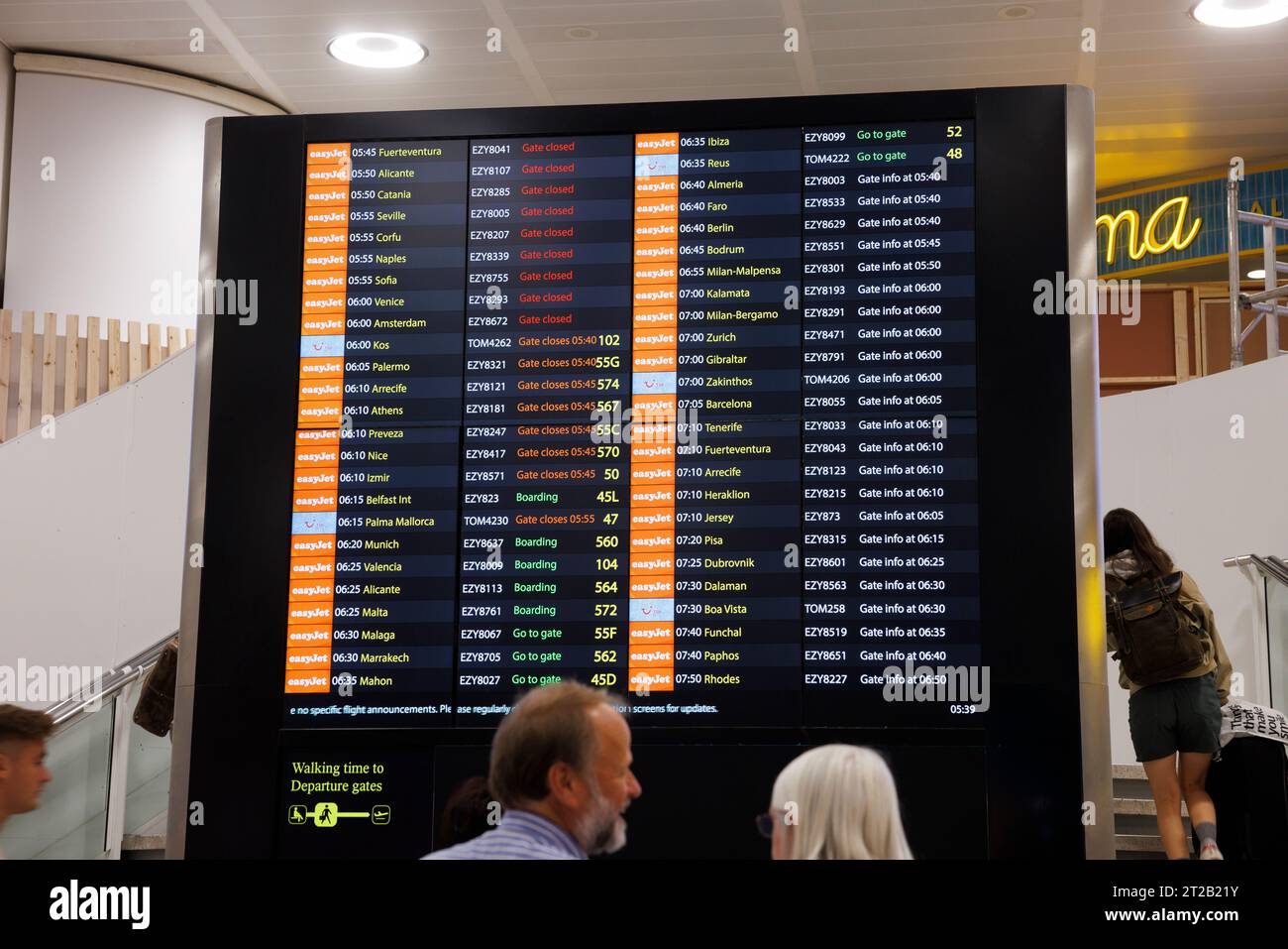 A departure board at Gatwick North Terminal, London Gatwick Airport, LGW, Crawley, West Sussex. Stock Photo