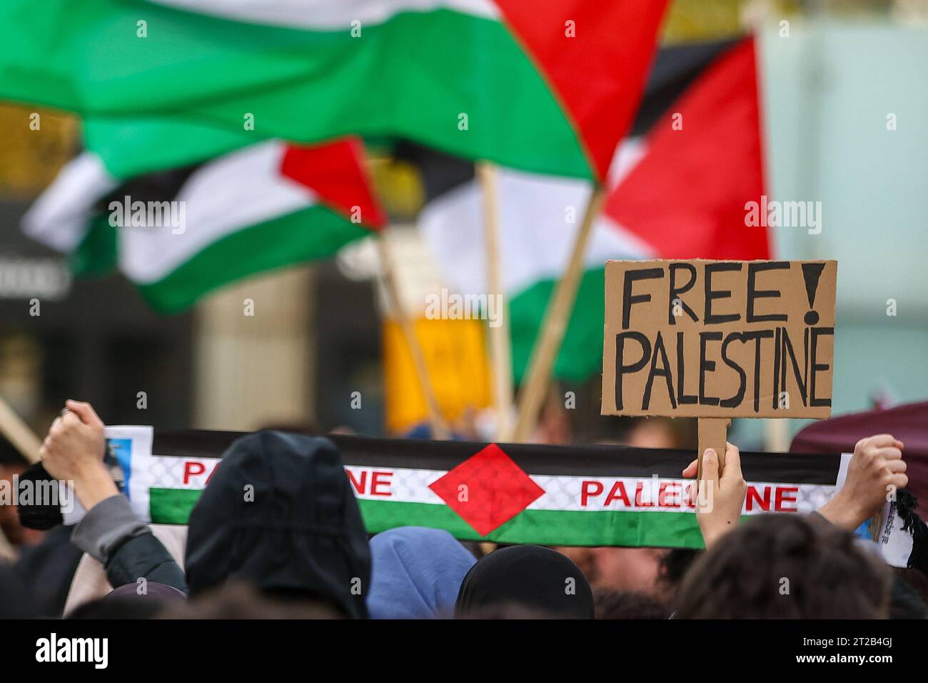 Leipzig, Germany. 18th Oct, 2023. A participant in a pro-Palestine rally holds up a sign reading 'Free! Palestine' sign on Augustusplatz. Following Hamas' terrorist attack on Israel, there were numerous reactions throughout Germany. Credit: Jan Woitas/dpa/Alamy Live News Stock Photo