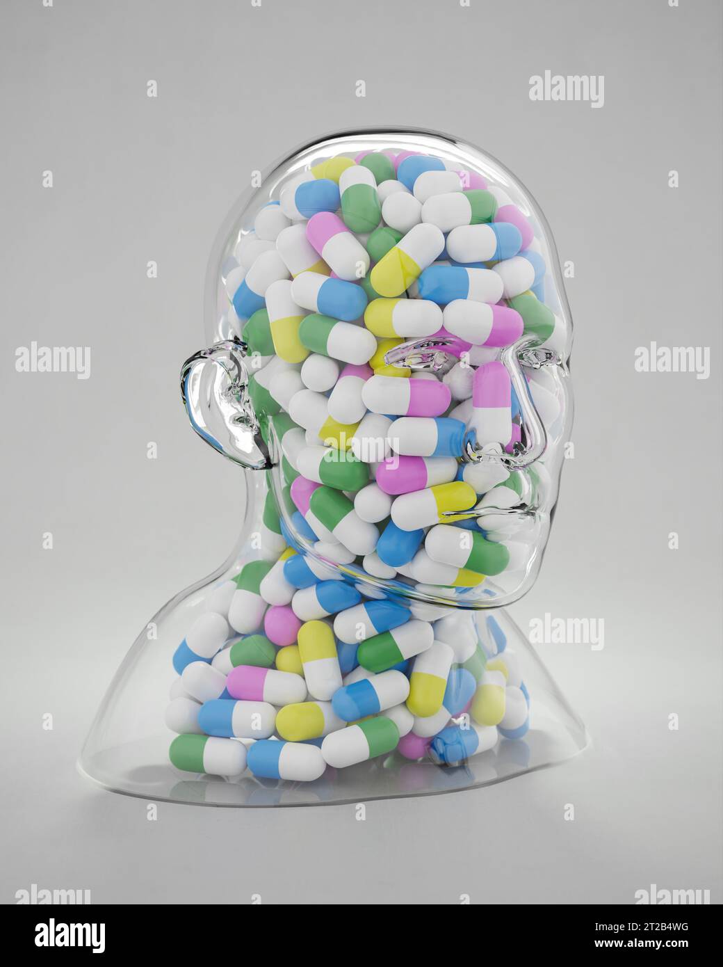 Glass head full of differently colored pills. Overmedication
