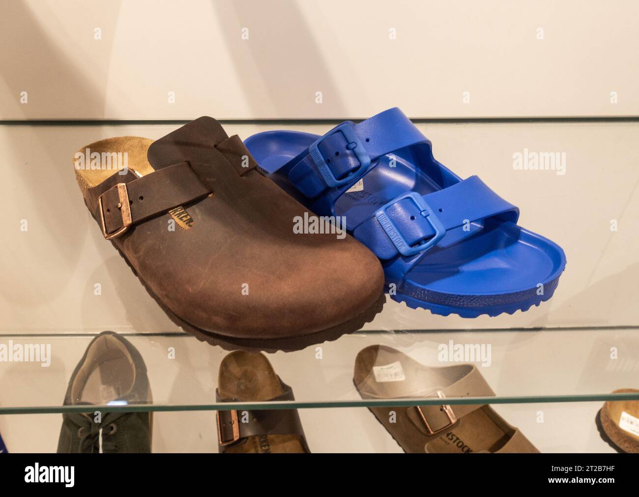 Birkenstock shoes, footwear, sandals, store display Stock Photo