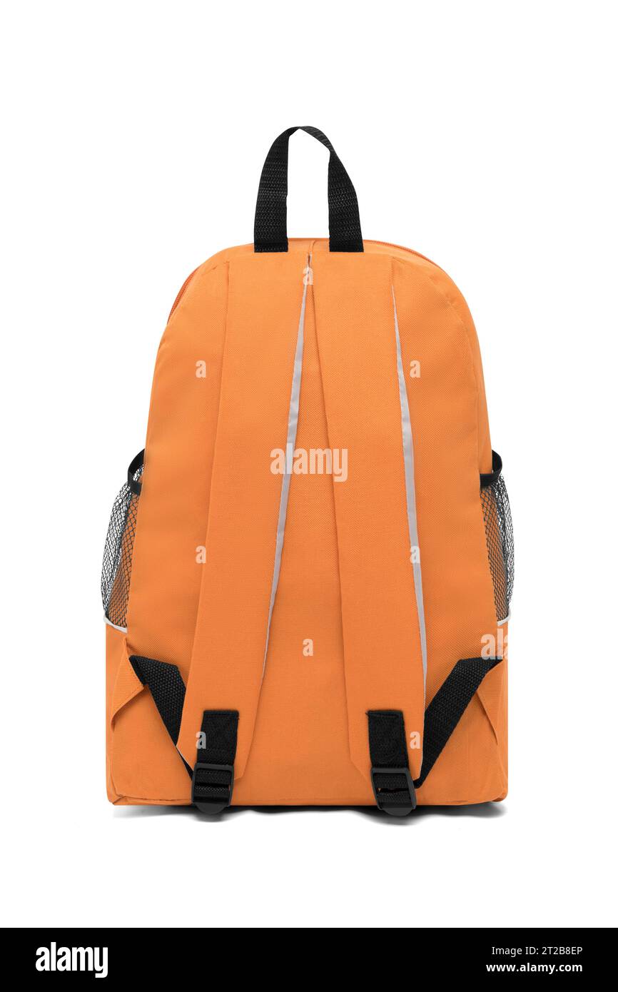 close up trendy fashionable school backpack orange color isolated on