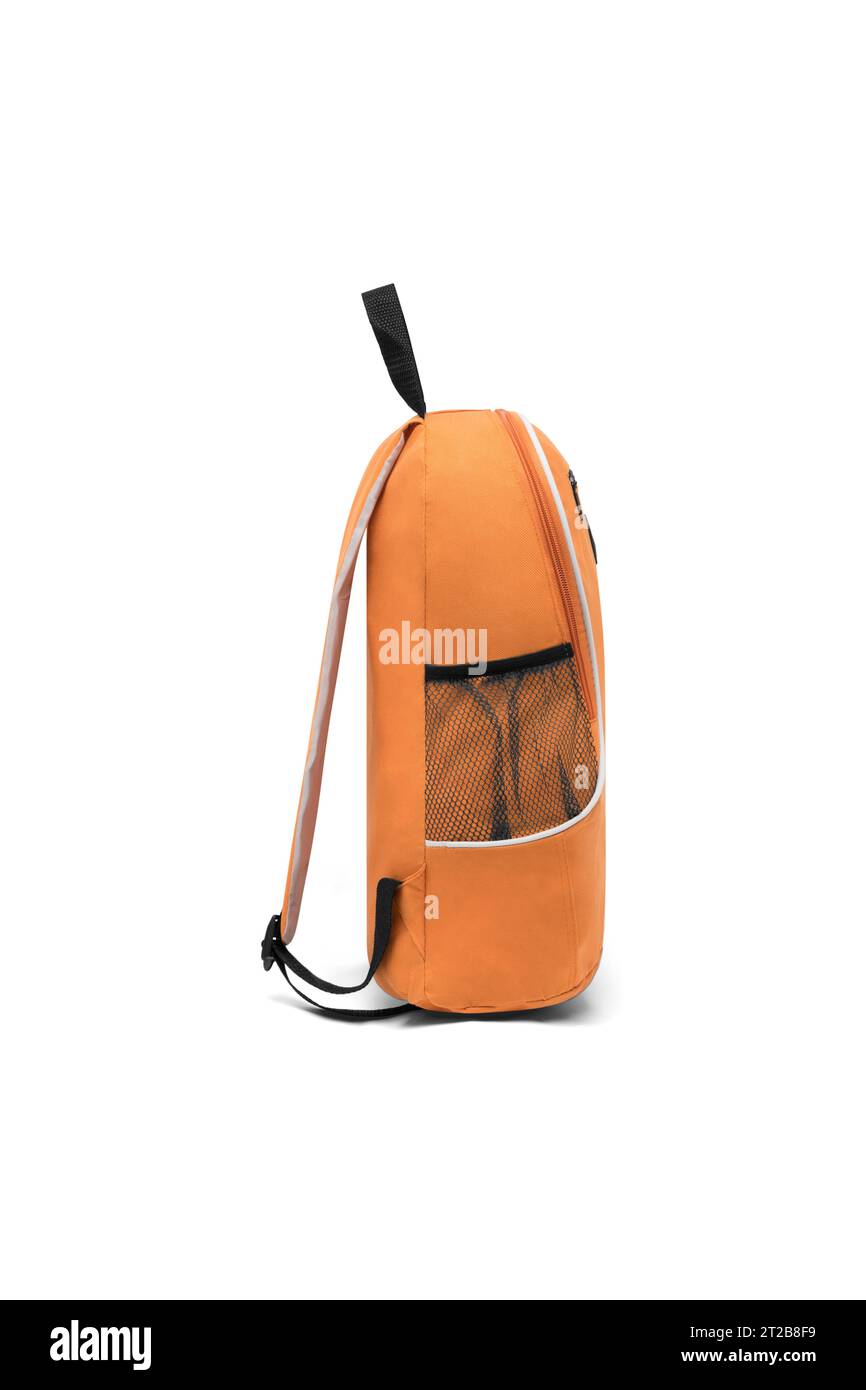 close up trendy fashionable school backpack orange color isolated on