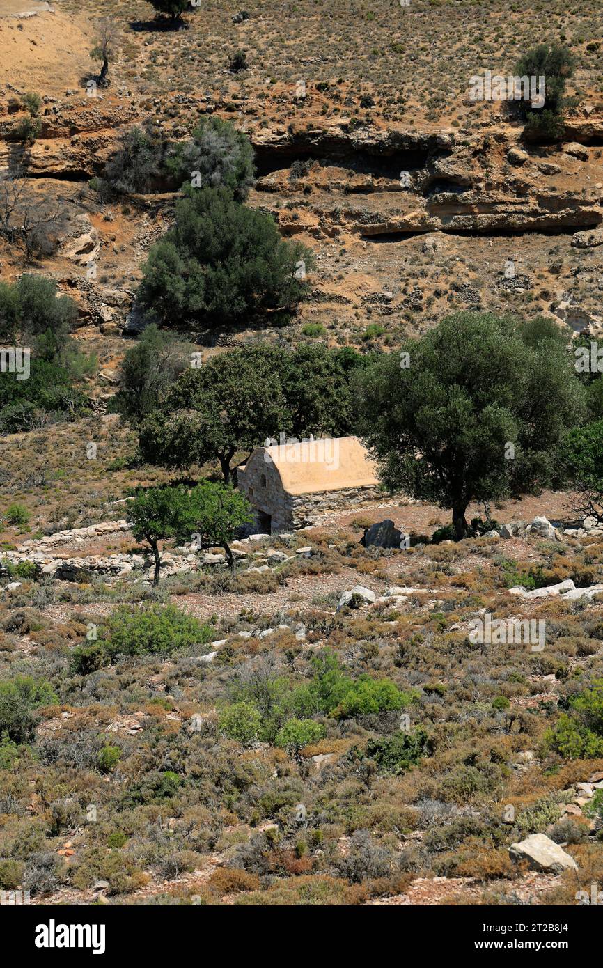 Landscape and church, Tilos, Dodecanese islands, Southern Aegean, Greece. Stock Photo