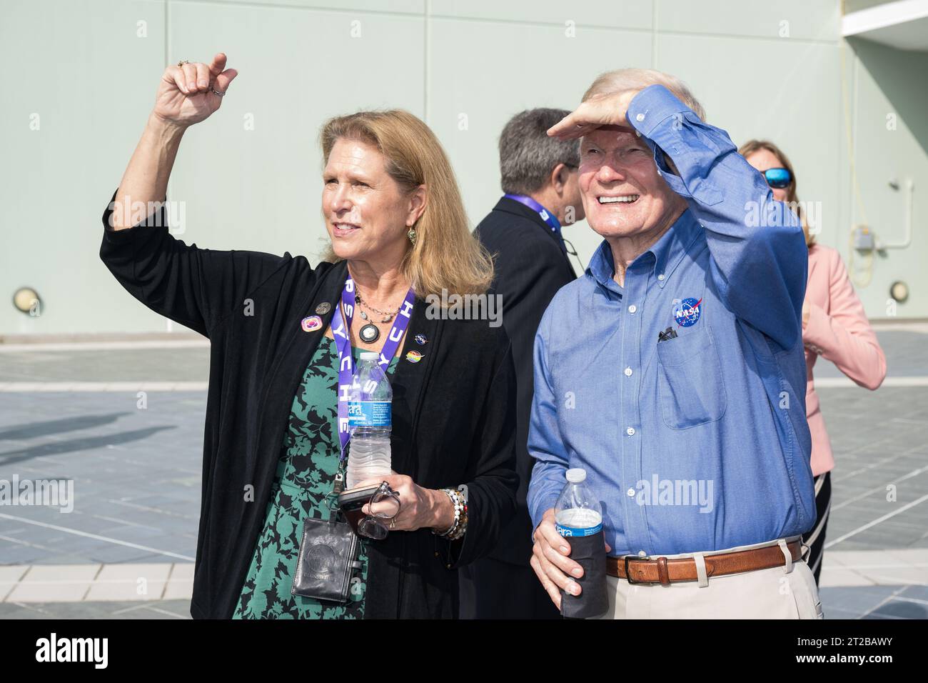 Psyche Launch. NASA Headquarters Planetary Science Division director Lori Glaze and NASA Administrator Bill Nelson watch for the return of the boosters after the launch of a SpaceX Falcon Heavy rocket with the Psyche spacecraft onboard from Launch Complex 39A, Friday, Oct. 13, 2023, at NASA’s Kennedy Space Center in Florida. NASA’s Psyche spacecraft will travel to a metal-rich asteroid by the same name orbiting the Sun between Mars and Jupiter to study it’s composition. The spacecraft also carries the agency's Deep Space Optical Communications technology demonstration, which will test laser co Stock Photo