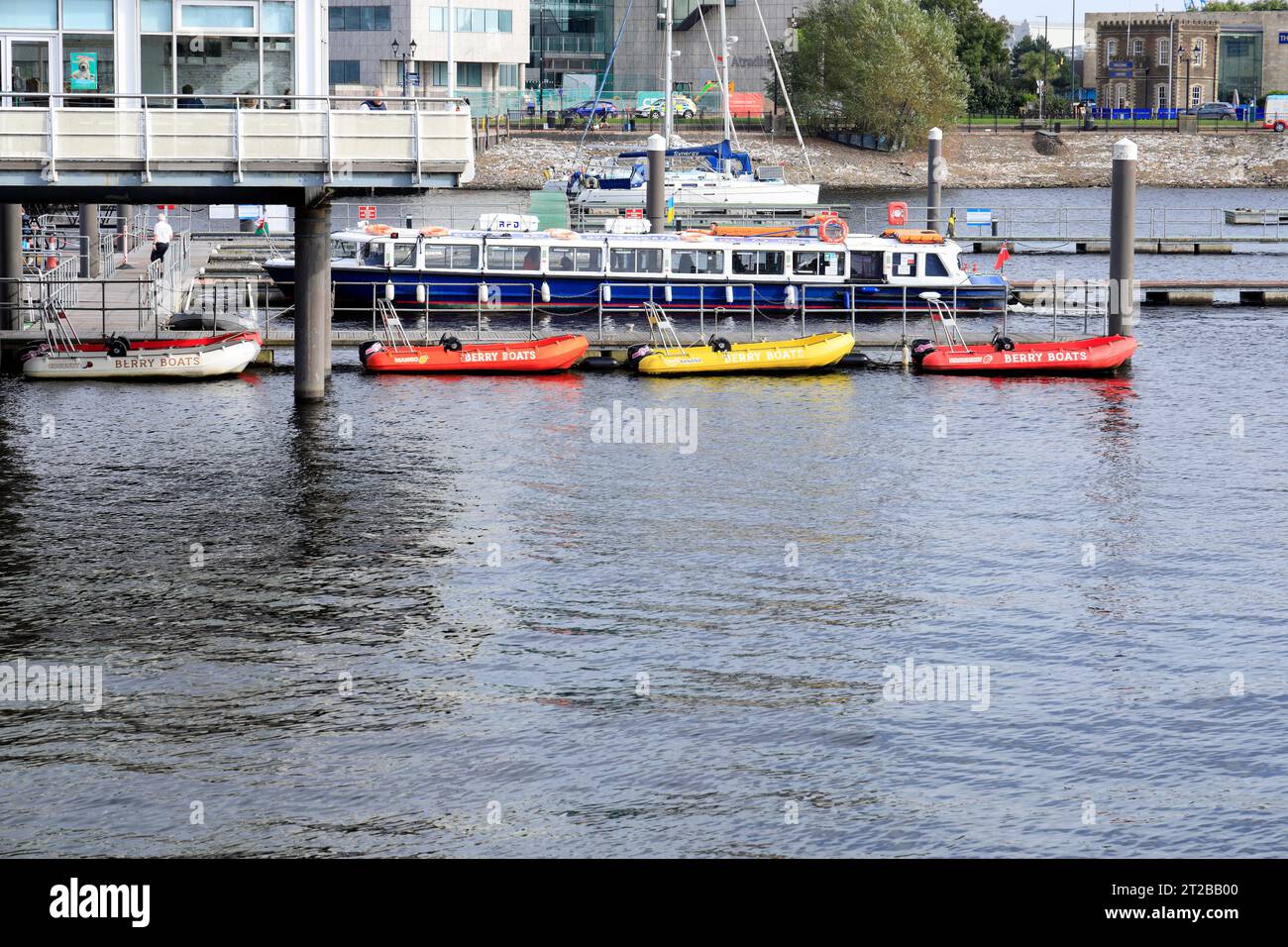 Brightly coloured Berry Boats, Cardiff Bay, Cardiff, South Wales. Stock Photo