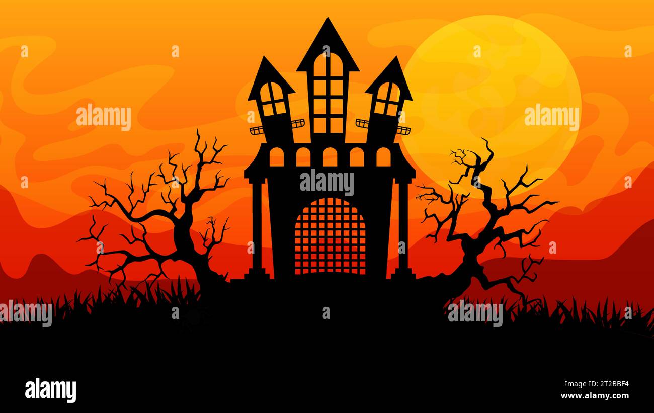 Gloomy ominous Halloween landscape. Spooky castle, dead trees Stock Vector