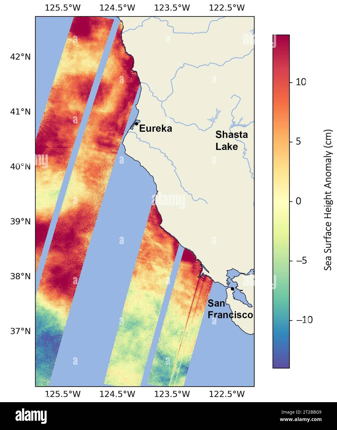 . SWOT Monitors Warming Waters Off California Coast. This data visualization image above shows sea surface heights off the northern California coast in August 2023 as measured by the Surface Water and Ocean Topography (SWOT) satellite. Red indicates higher-than-average ocean heights, while blue represents lower-than-average heights. Warm ocean waters from the developing El Niño are shifting north along coastlines in the eastern Pacific Ocean. Along the coast of California, these warm waters are interacting with a persistent marine heat wave that recently influenced the development of Hurricane Stock Photo