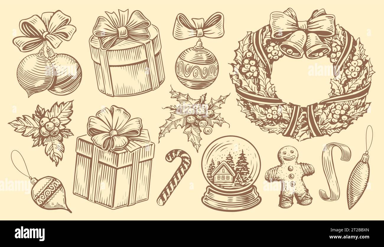 Hand drawn retro objects for holiday decoration. Christmas concept. Vintage sketch vector illustration Stock Vector