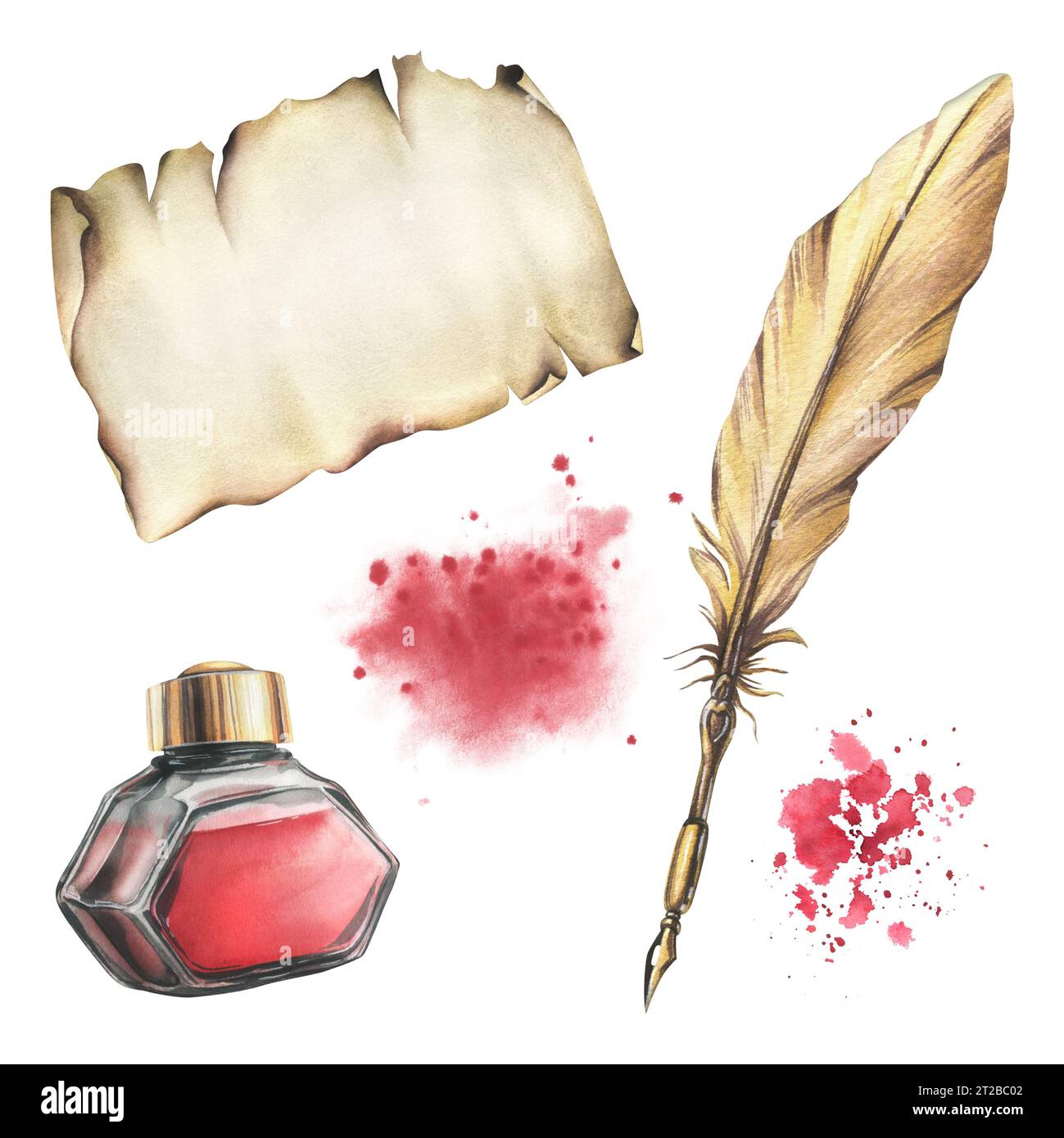 Glass transparent inkwell, red ink jar with gold lid, Gold pen with