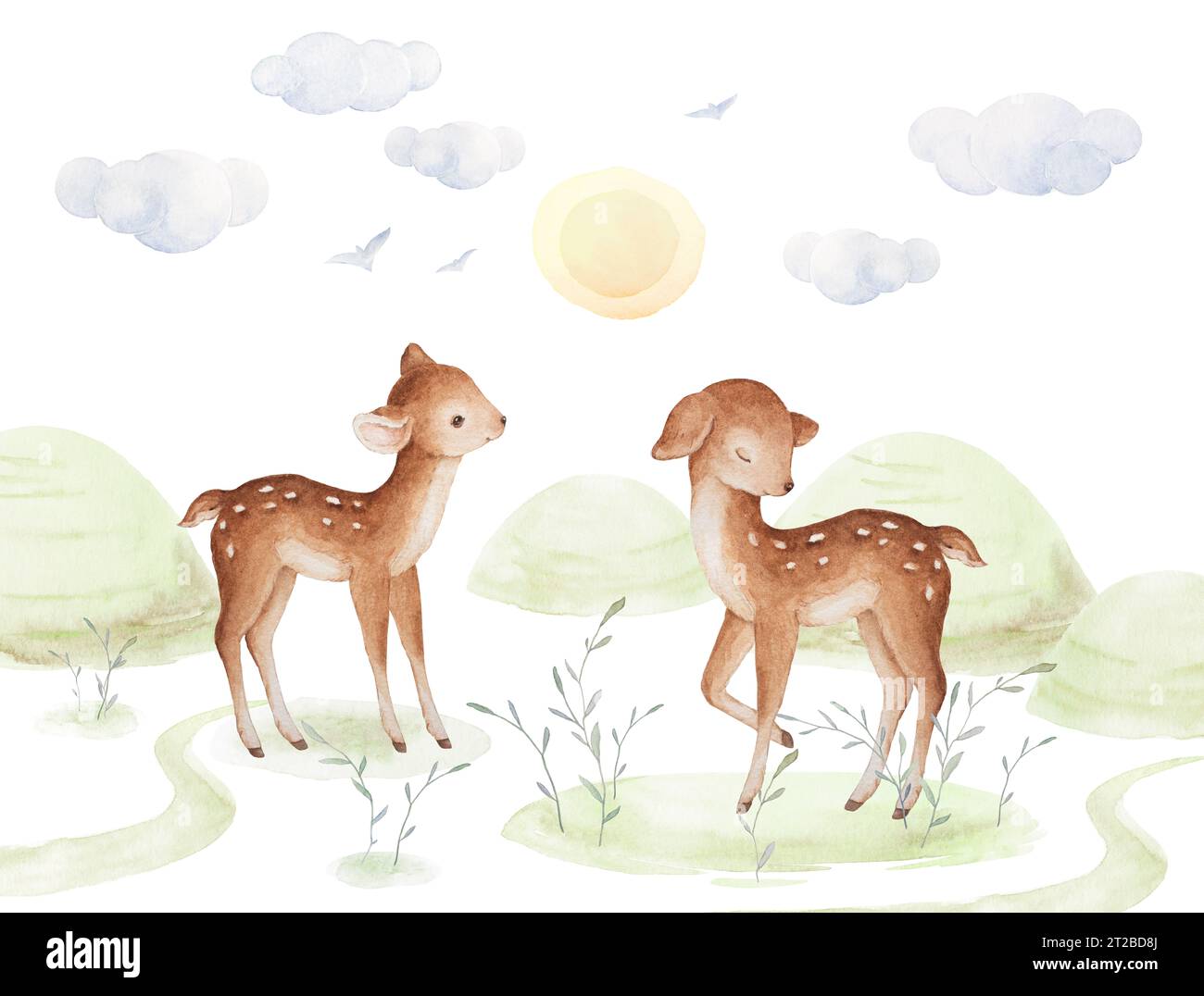 Watercolor Fawn, Adorable Forest Scene Illustration, Nursery Wall Art, Morning Forest Illustrations, Premade Composition, Watercolor Baby Background Stock Photo