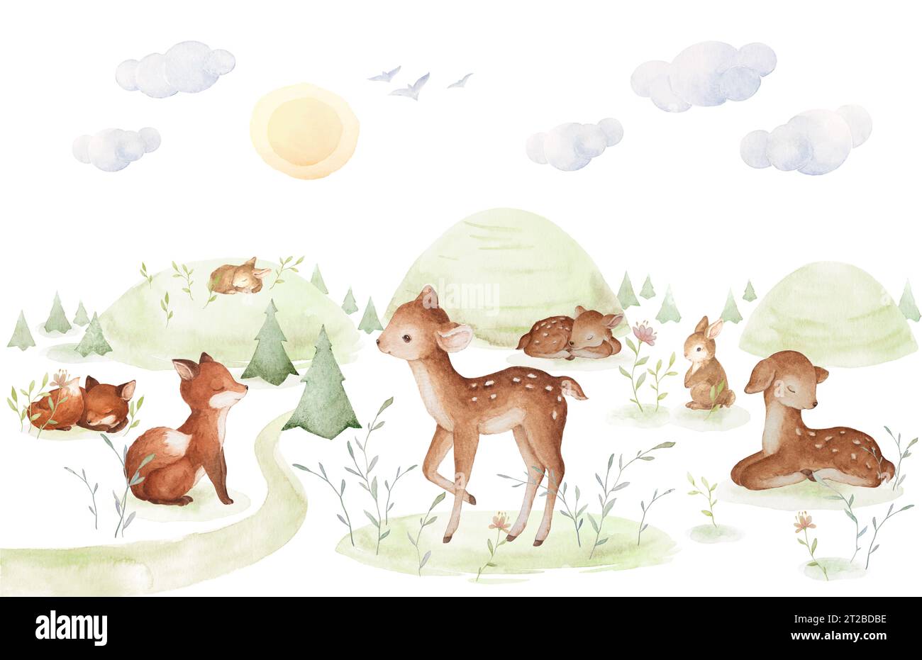 Adorable Forest Scene Illustration, Nursery Wall Art, Premade Composition, Hand Drawn Watercolor Clip Art, Watercolor Baby Background Stock Photo