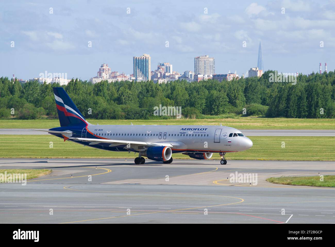 ST. PETERSBURG, RUSSIA - JUNE 20, 2018: The Airbus A320 plane (VQ-BCN) of Aeroflot airline on the taxiway of Pulkovo Airport Stock Photo