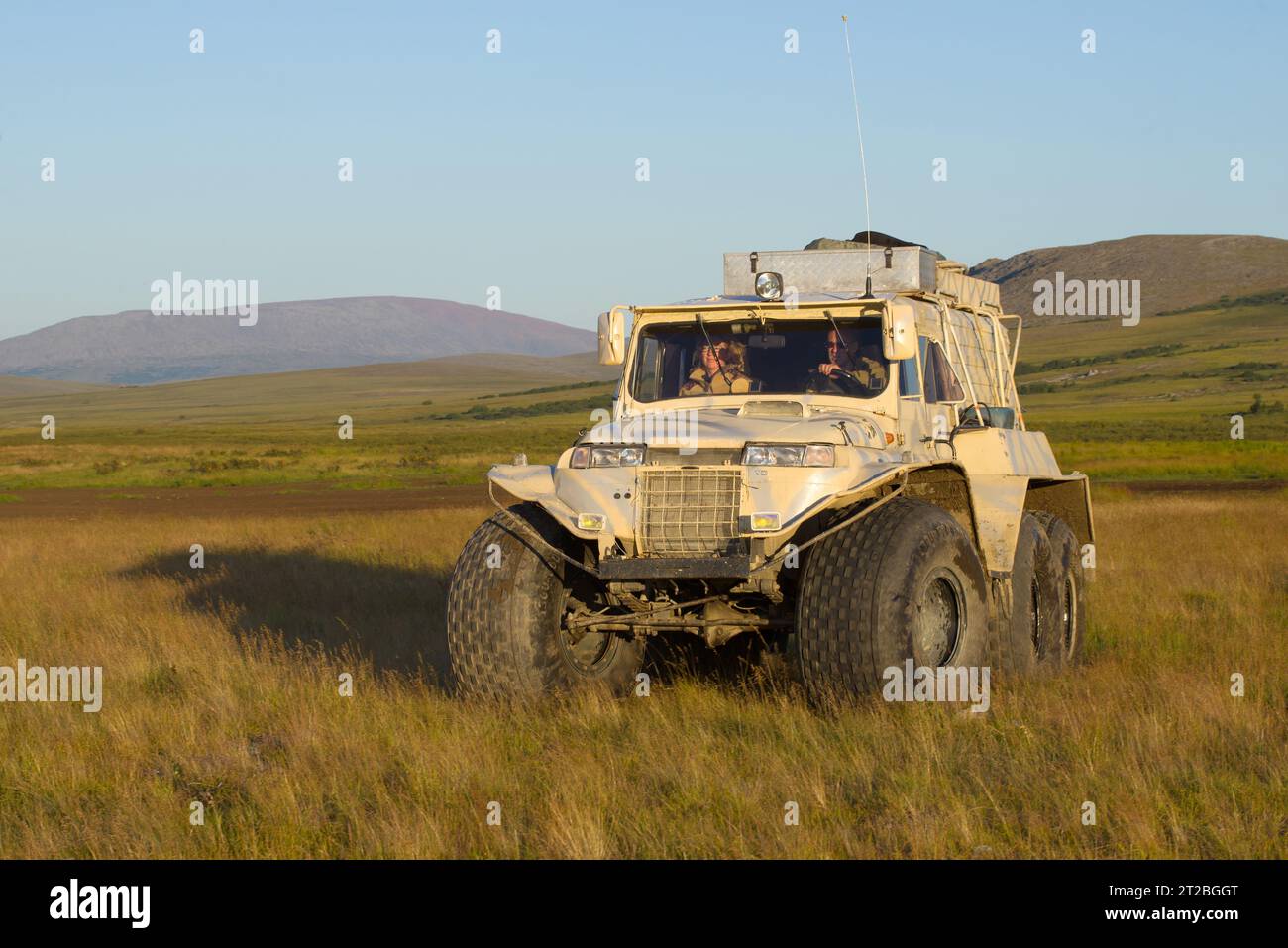 YAMAL, RUSSIA - AUGUST 22, 2018: TREKOL all-terrain vehicle in the tundra on August evening Stock Photo