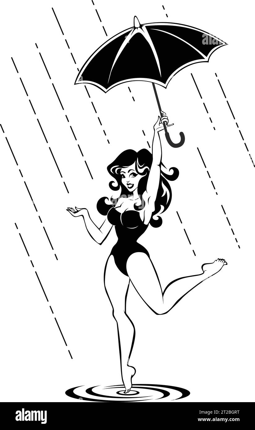 Beautiful girl with umbrella dances in rain. Pop art vector in pin up style on transparent background Stock Vector