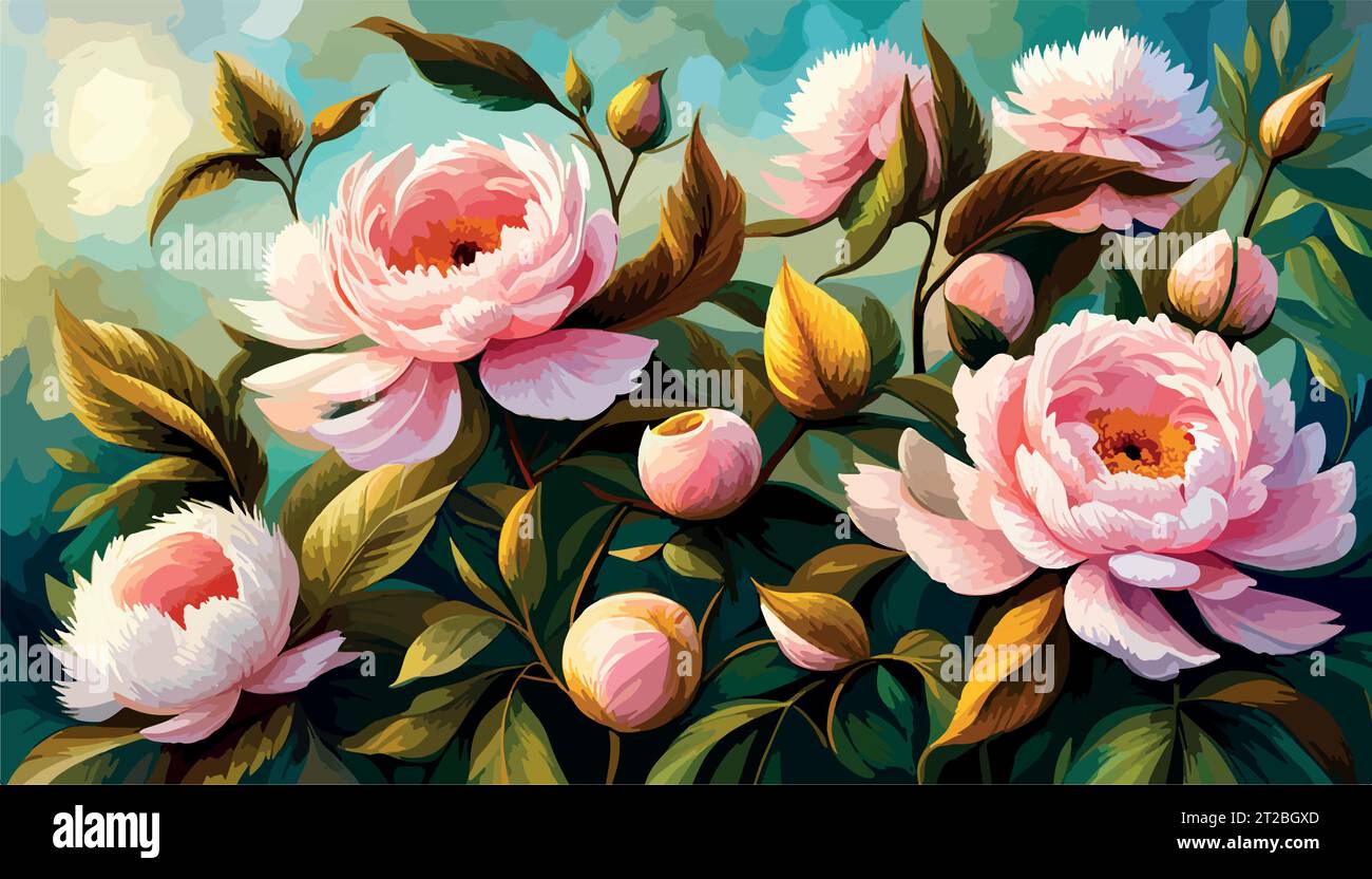 Painting with flower rose, peonies, watercolor leaves. Wallpapper