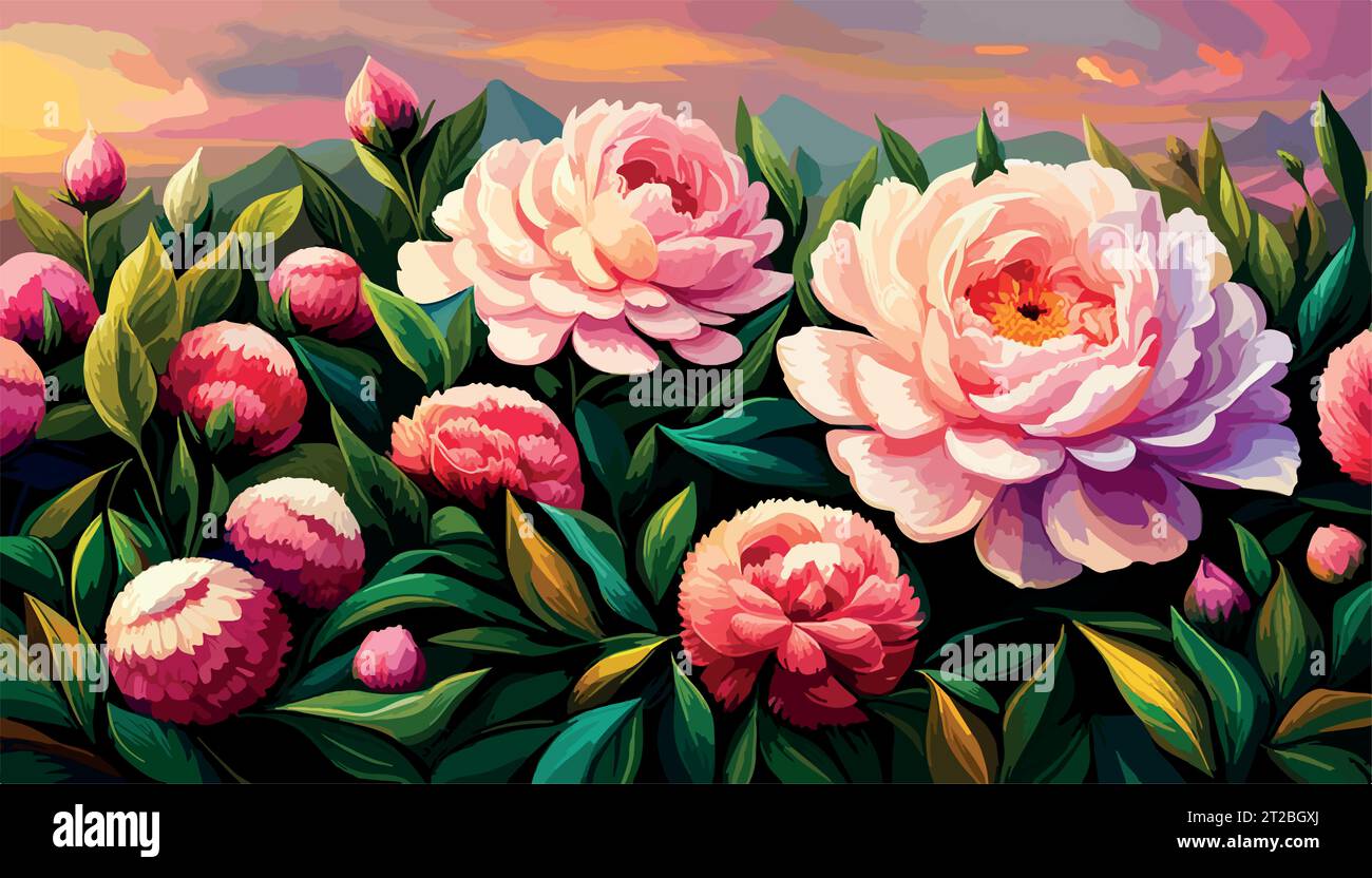 Oil painting pink large peonies flowers, printable wall art, floral background or wallpaper. Vector illustration Stock Vector
