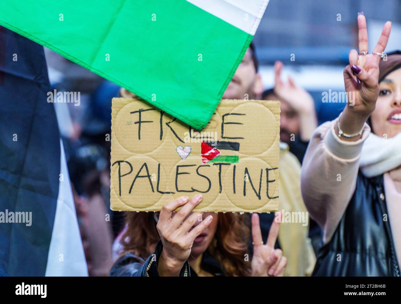 Hesse, Frankfurt/Main: 18 October 2023,  A participant in a pro-Palestine demonstration holds up a 'Free Palestine' sign. According to police, about 90 people took part in the rally. Water cannons were used. Photo: Andreas Arnold/dpa Stock Photo