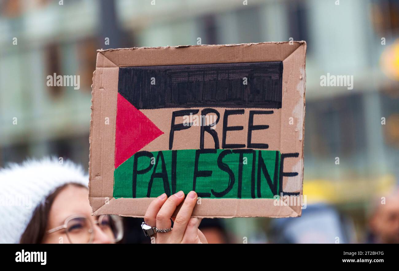 Hesse, Frankfurt/Main: 18 October 2023,  A participant in a pro-Palestine demonstration holds up a 'Free Palestine' sign. According to police, about 90 people took part in the rally. Water cannons were used. Photo: Andreas Arnold/dpa Stock Photo