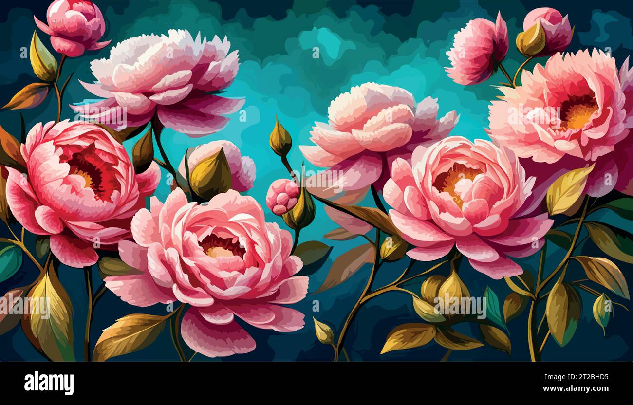 Peony pink flower oil painting color background bouquet rose flower green petal poster print painting flower botanical botanic art room decor wall design abstract inspiration vector illustration Stock Vector