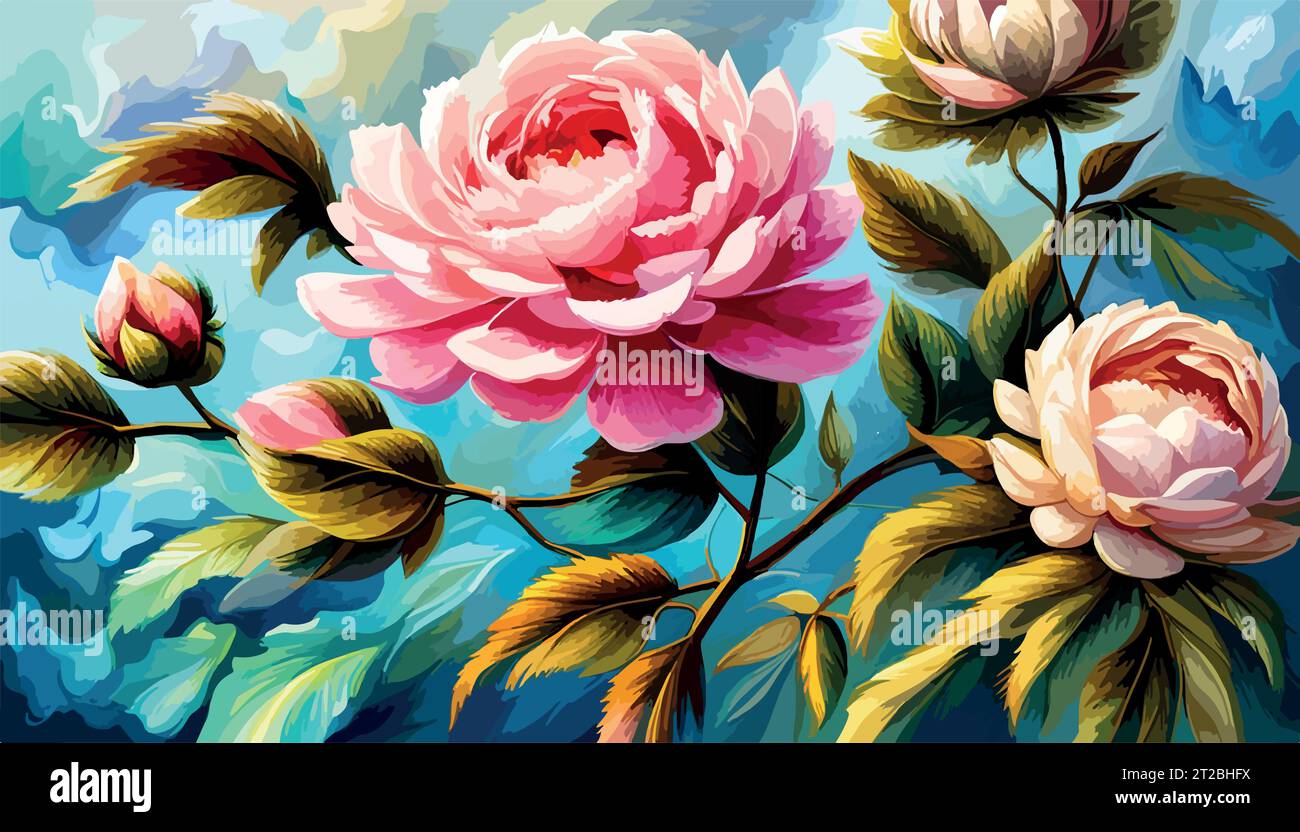 Painting with flower rose, peonies, watercolor leaves. Wallpapper