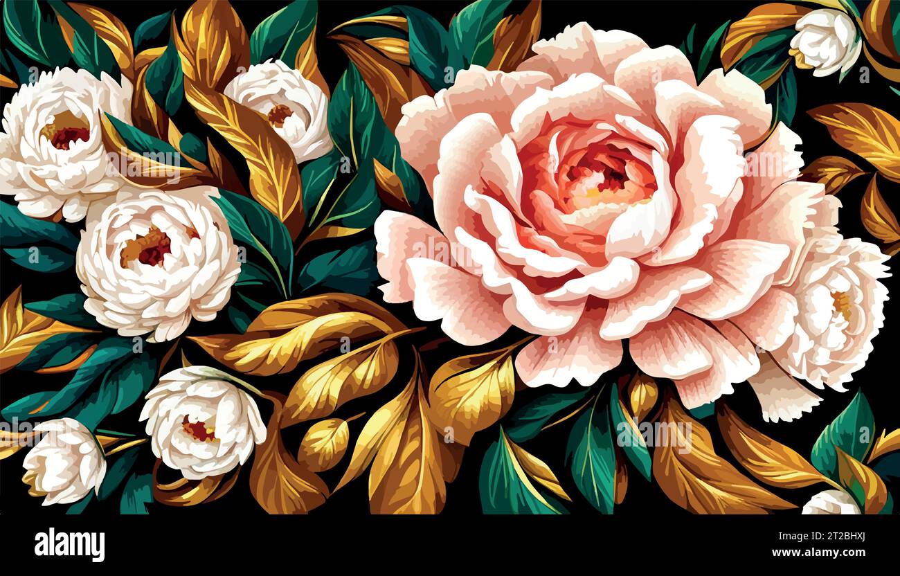 Peony pink flower oil painting color background bouquet rose flower green petal poster print painting flower botanical botanic art room decor wall design abstract inspiration vector illustration Stock Vector