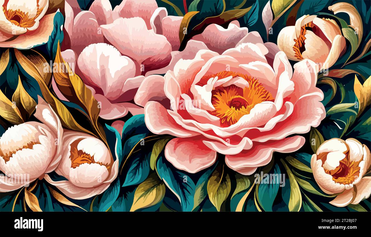 Painting with flower rose, peonies, watercolor leaves. Wallpapper