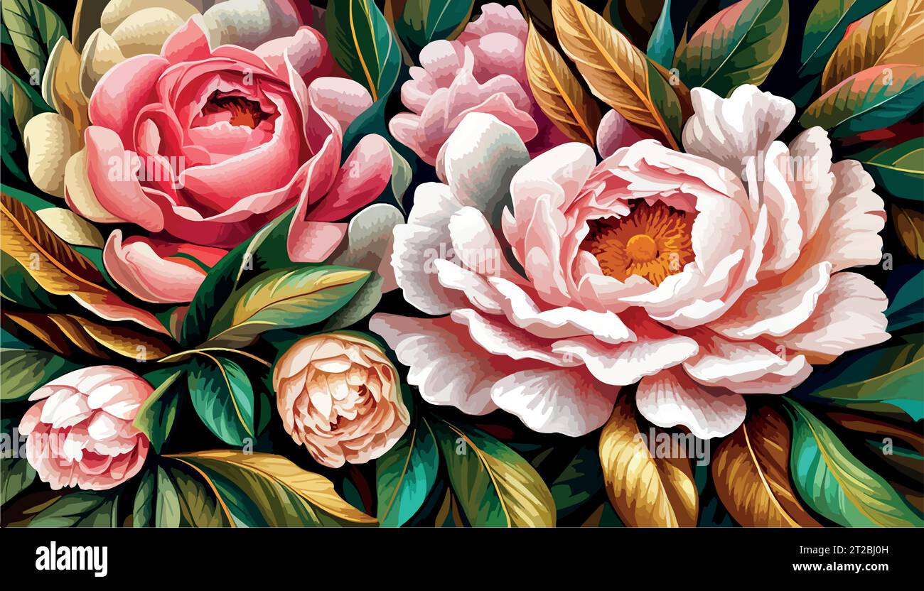 Painting with flower rose, peonies, watercolor leaves. Wallpapper