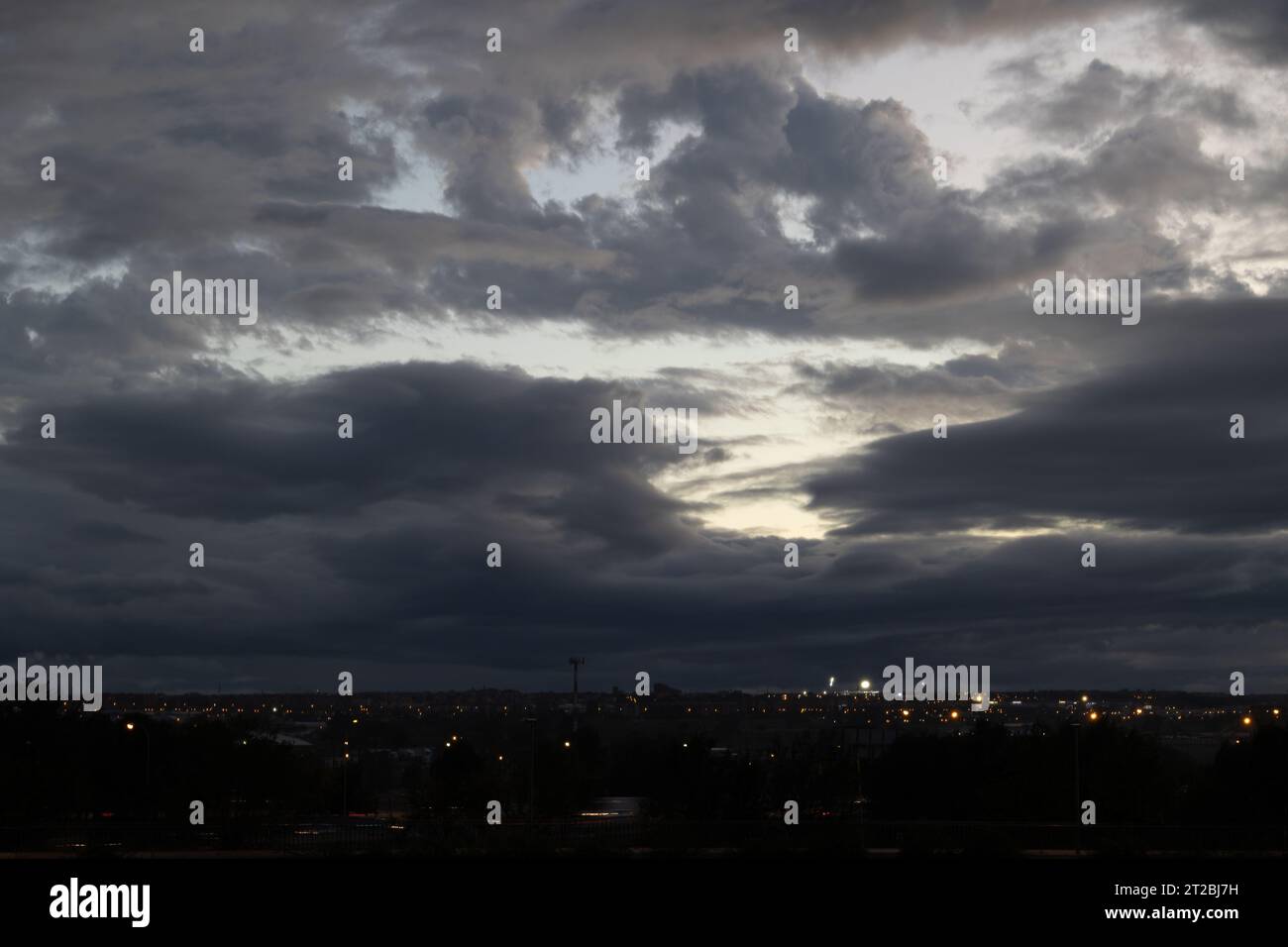 Madrid, Spain. 18th Oct 2023. The weather in Madrid is turning chilly and blustery, as evident from the view over Estadio Municipal Butarque in the southern part of the city, with clouds on the horizon. Credit Sandeep More/Alamy Live News Stock Photo