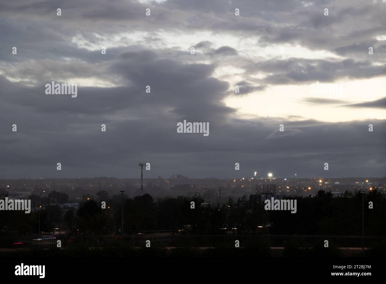 Madrid, Spain. 18th Oct 2023. The weather in Madrid is turning chilly and blustery, as evident from the view over Estadio Municipal Butarque in the southern part of the city, with clouds on the horizon. Credit Sandeep More/Alamy Live News Stock Photo