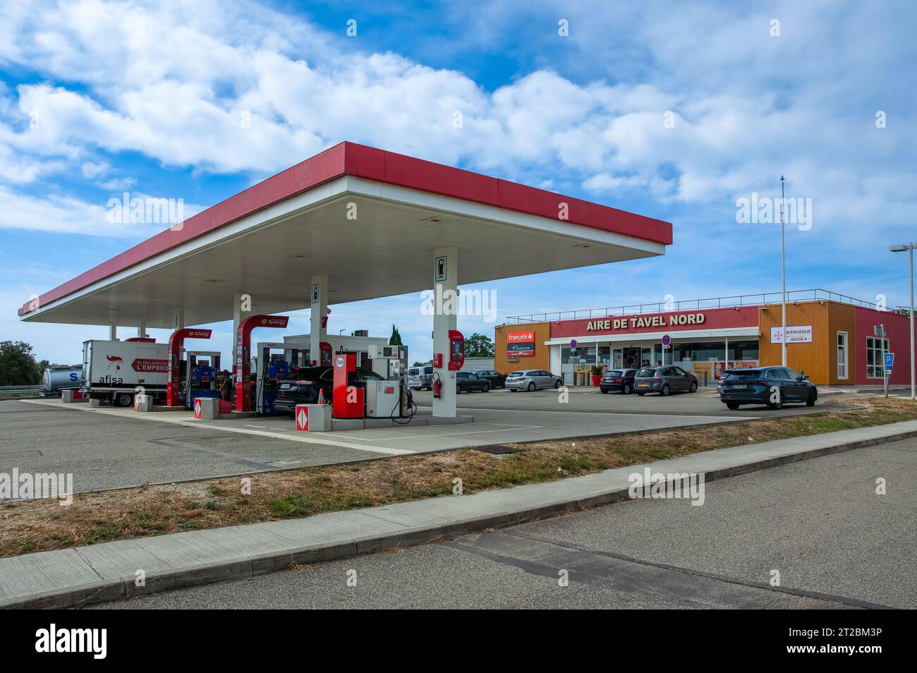 Tavel, France - July 31, 2023: Service area Aire de Tavel Nord and Esso gas station along the A9 in France Stock Photo