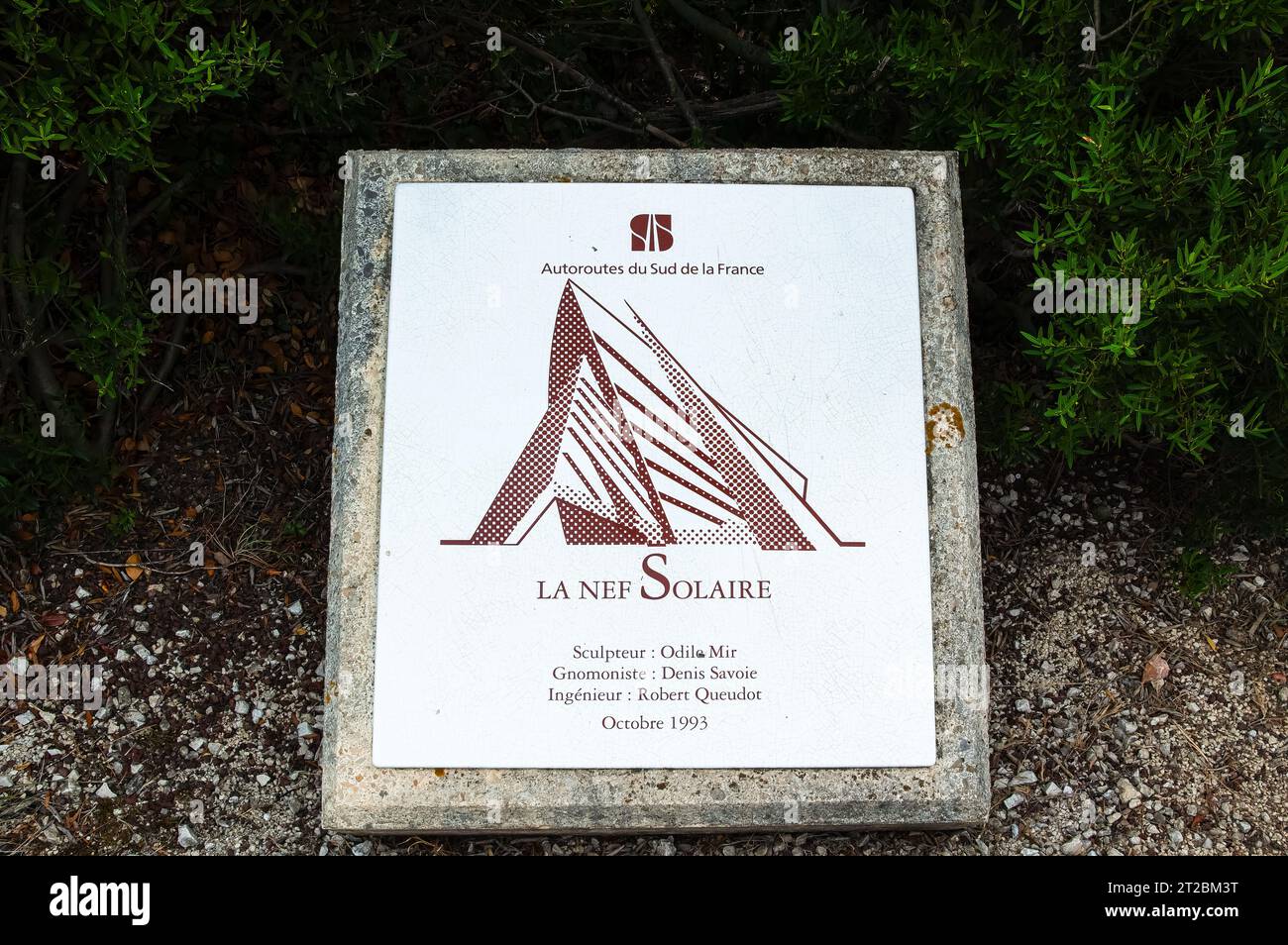 Tavel, France - July 31, 2023: Le nef solaire - the solar nave. Modern giant sundial at the Aire de Tavel service area along the A9 highway. Stock Photo