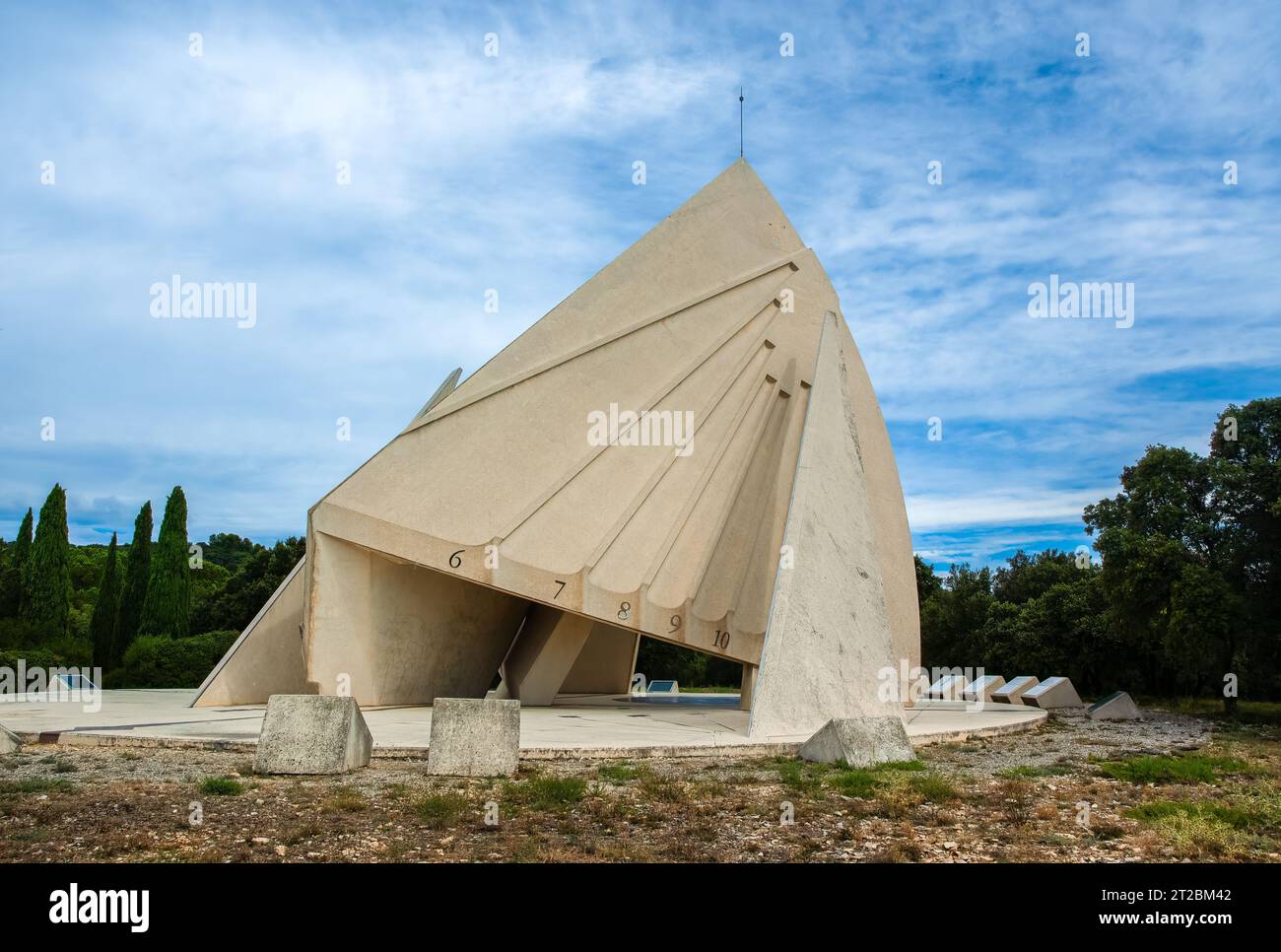 Tavel, France - July 31, 2023: Le nef solaire - the solar nave. Modern giant sundial at the Aire de Tavel service area along the A9 highway. Stock Photo