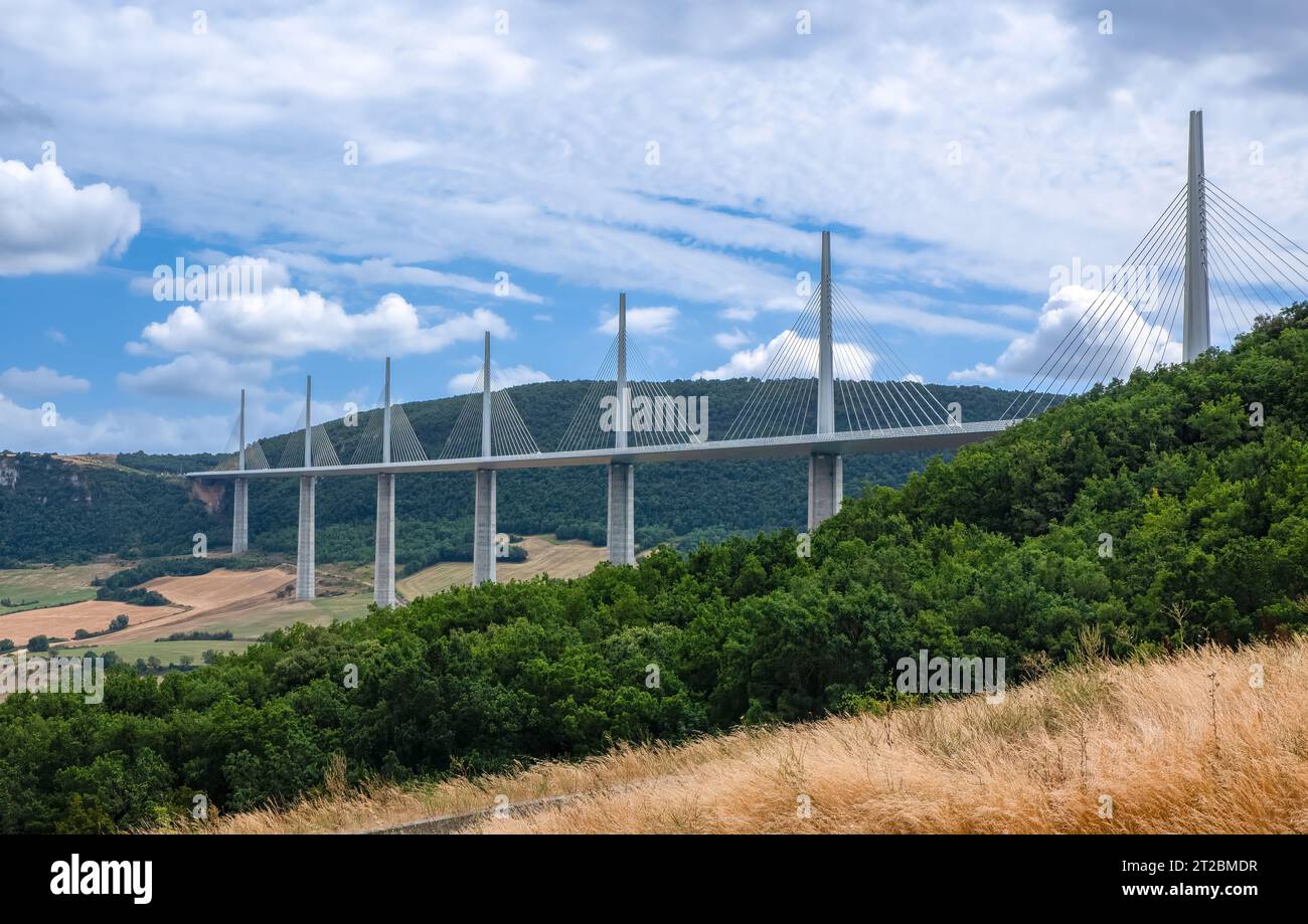 Millau, France - August 2, 2023: The spectacular modern Millau Viaduct in South France Stock Photo