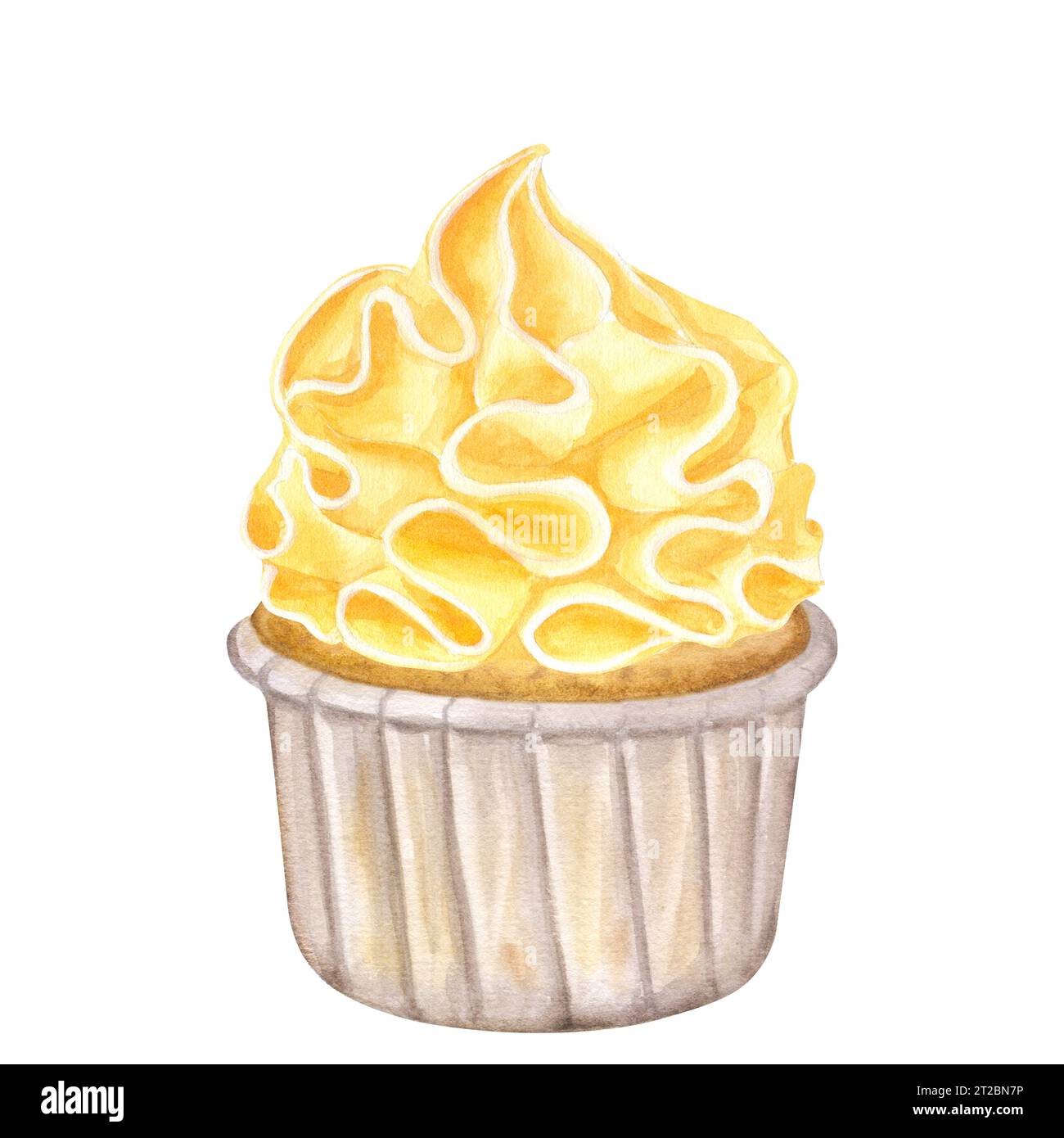 Watercolor cupcake with orange whipped cream. Kumquat, tangerine taste. Food clipart. Hand drawn illustration isolated on white background. For design Stock Photo