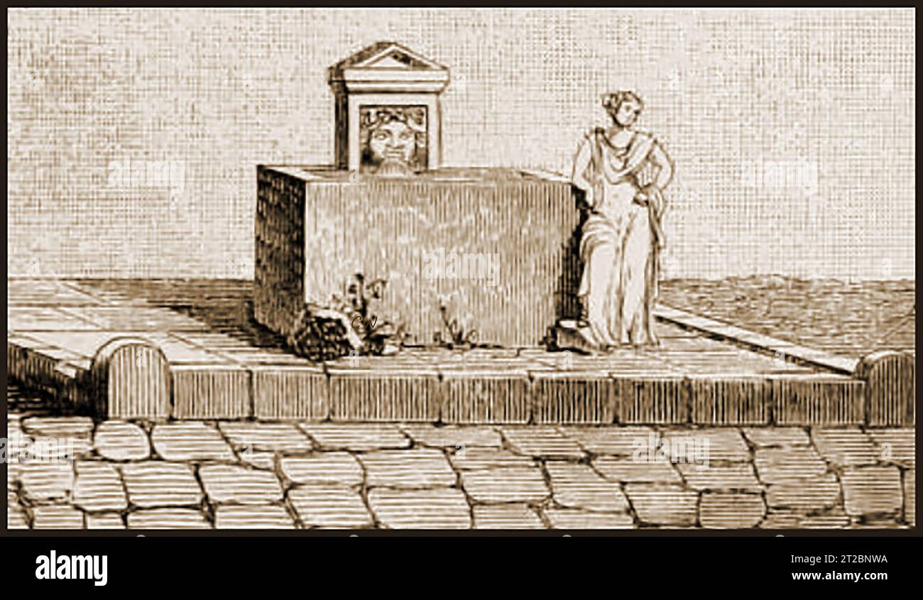 A 19th century engraving of a fountain in Pompeii as it would have looked at the time.  -  Un'incisione del XIX secolo di una fontana di Pompeii come sarebbe apparsa all'epoca. Stock Photo